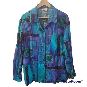 Vintage 90s Blair Boutique block print  button front blouse Blue purple …